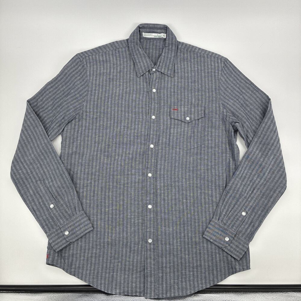 Criquet Pearl Snap Shirt Men Large Gray Long Sleeve Hickory Striped Western